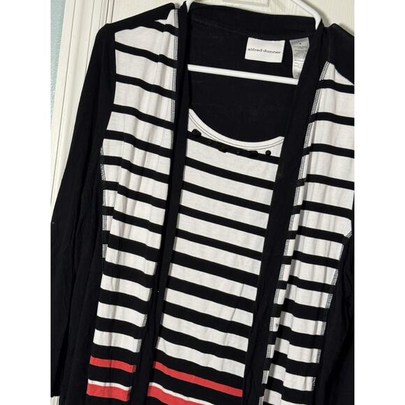 Alfred Dunner Shirt Set, Cardigan With Built In Tank, White With Black/Red, M - Picture 2 of 7